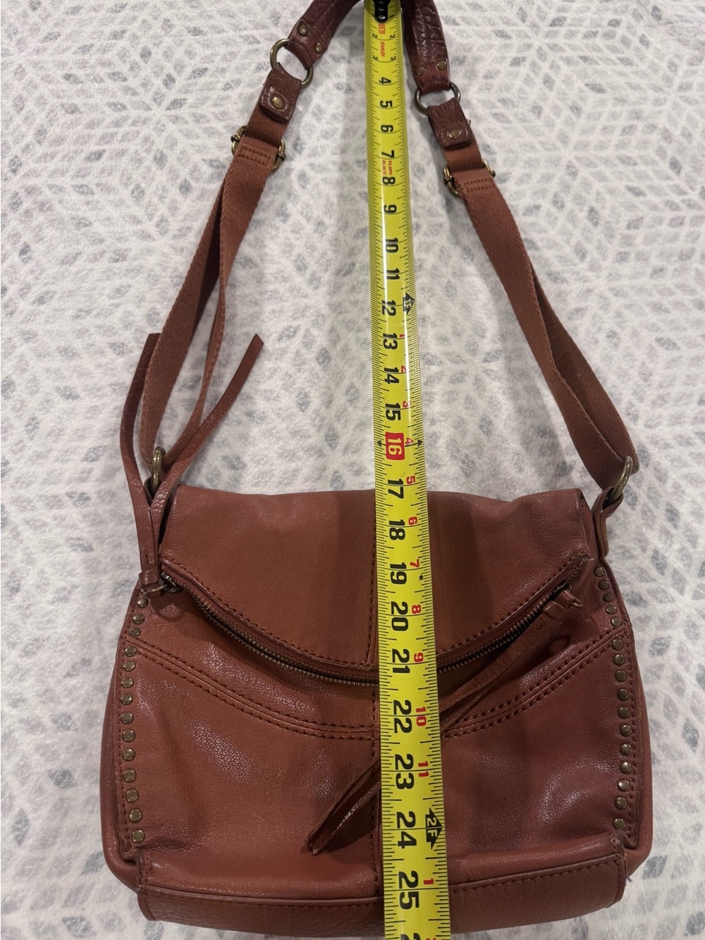 The Sak Cognac Brown Leather Crossbody Bag Studded Boho Tassel Zip Purse - Picture 12 of 13